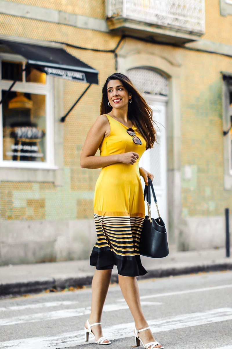 Round Neck Stripe Print High Waist Dress