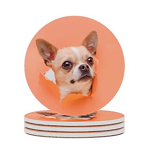 Round Drink Coasters 1 Pcs Puppy Chihuahua Climbs Out Of Hole Absorbent Ceramic Coaster With Cork Base For Coffee Cups Housewarming Gift For Home Deco