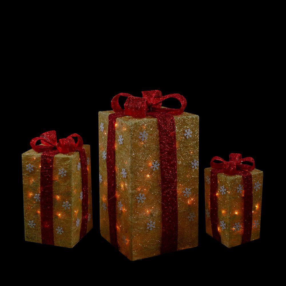 18 in. Christmas Outdoor Decorations Lighted Tall Gold Sisal Gift Boxes (3-Pack) 32606248