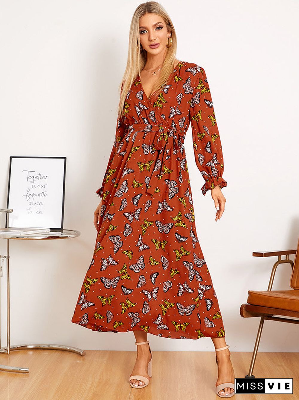 Butterfly Print Belt Long Sleeve V-neck Maxi Dress