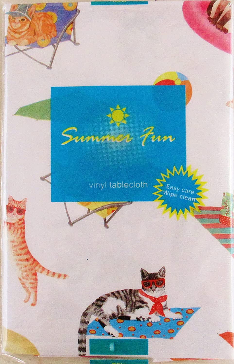 Summer Fun Beach Cats Vinyl Flannel Back Tablecloth: Silly Cats Decked Out Having Fun at the Beach with Umbrellas Beach Balls and Relaxation 60" inch Diameter Round