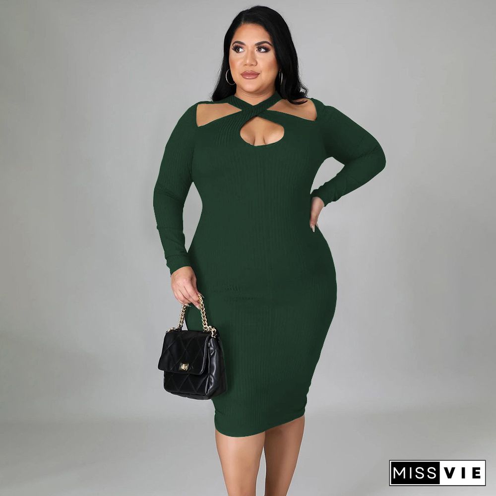 Knitted Hollow Out Long Sleeve Straight Midi Dresses