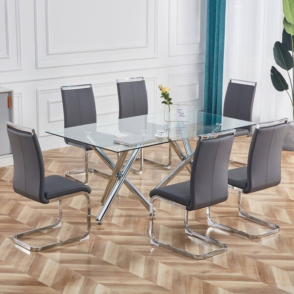 Set of 4 Modern Dining Chairs， PU Faux Leather High Back Upholstered Side Chair with C-shaped Tube Chrome Metal Legs