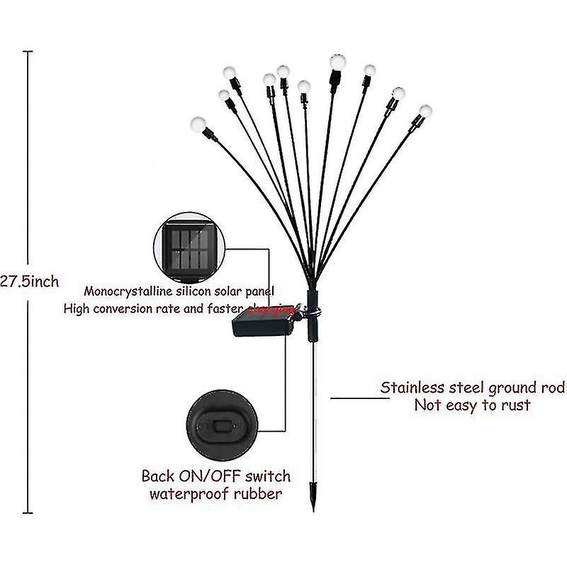 2pcs 10 Head Solar Powered Firefly Lights， 10 Led Outdoor Waterproof Solar Swaying Garden Lights