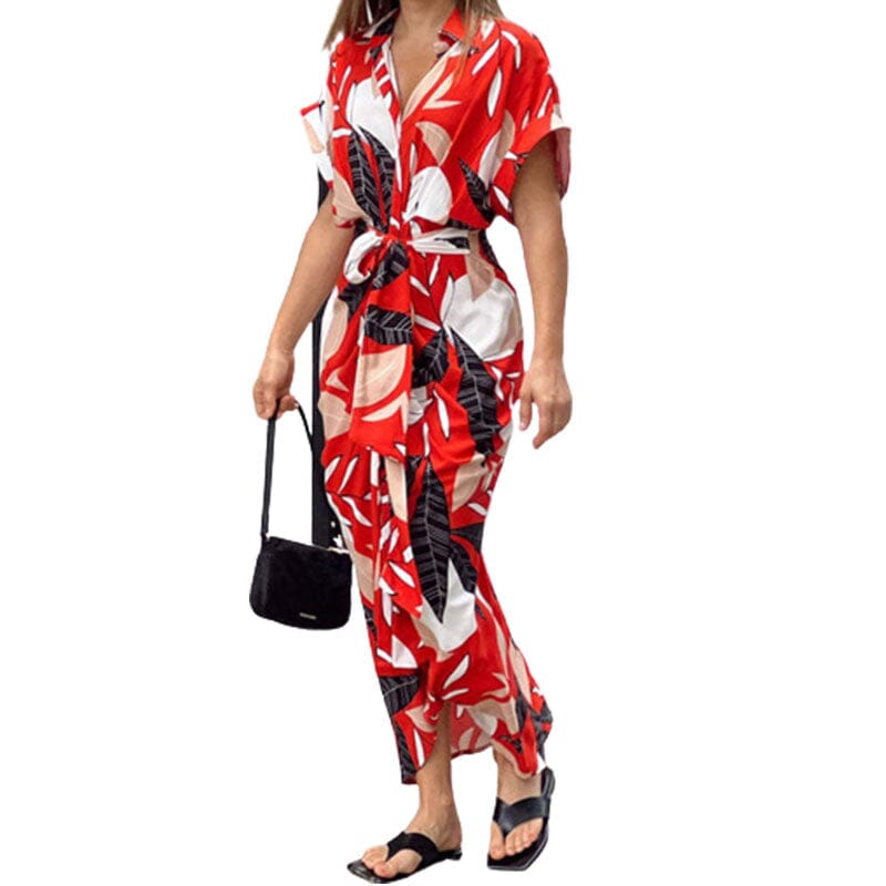 Lapel Tie Leaf Print Dress