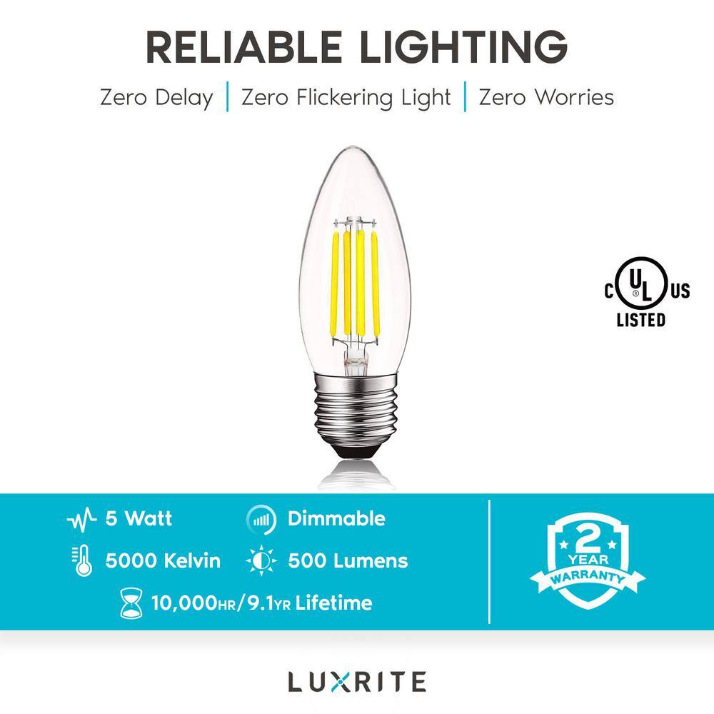 LUXRITE 60-Watt Equivalent B10 Dimmable Edison LED Light Bulbs Torpedo Tip Clear Glass 5000K Bright White (12-Pack) LR21608-12PK