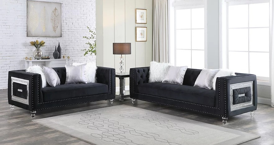 Mestre 2 Piece Living Room Sofa Set Upholstered  Black Velvet Fabric   Traditional   Living Room Furniture Sets   by Hollywood Decor  Houzz