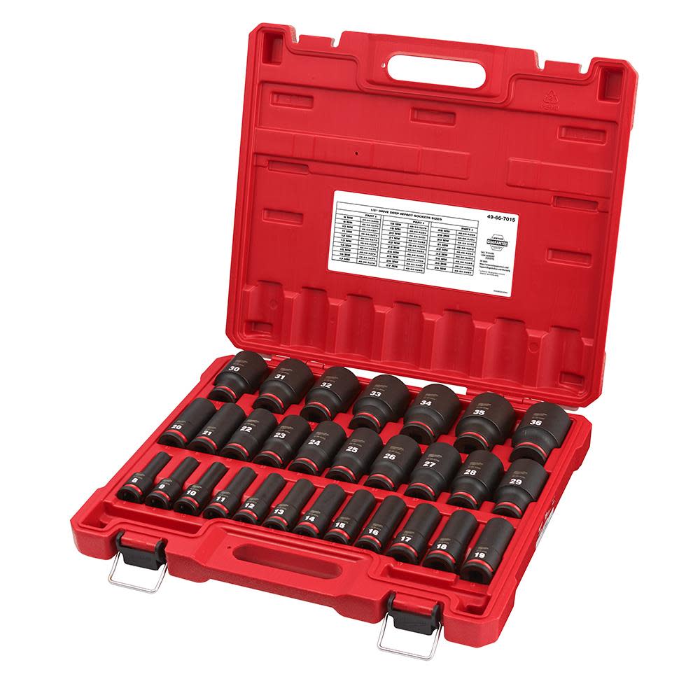 Milwaukee SHOCKWAVE™ Impact Duty™ 1/2 Drive Metric Deep 6 Point Socket Set， 29pc