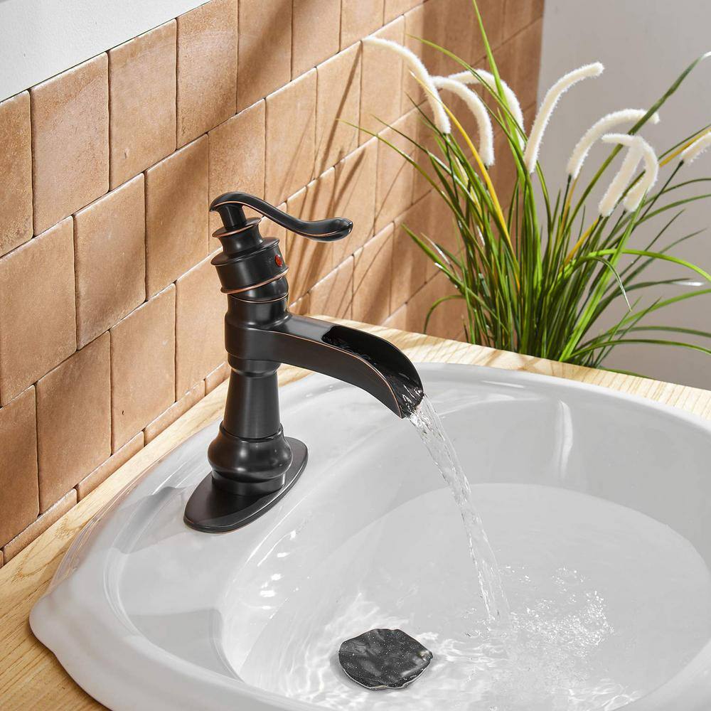 BWE Waterfall Single Hole Single-Handle Low-Arc Bathroom Faucet With Pop-up Drain Assembly in Oil Rubbed Bronze A-96558-ORB-2