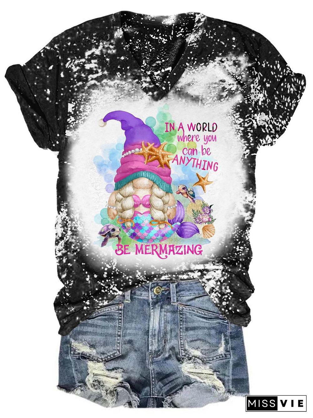 Be Mermazing Gnome Tie Dye V Neck T-Shirt