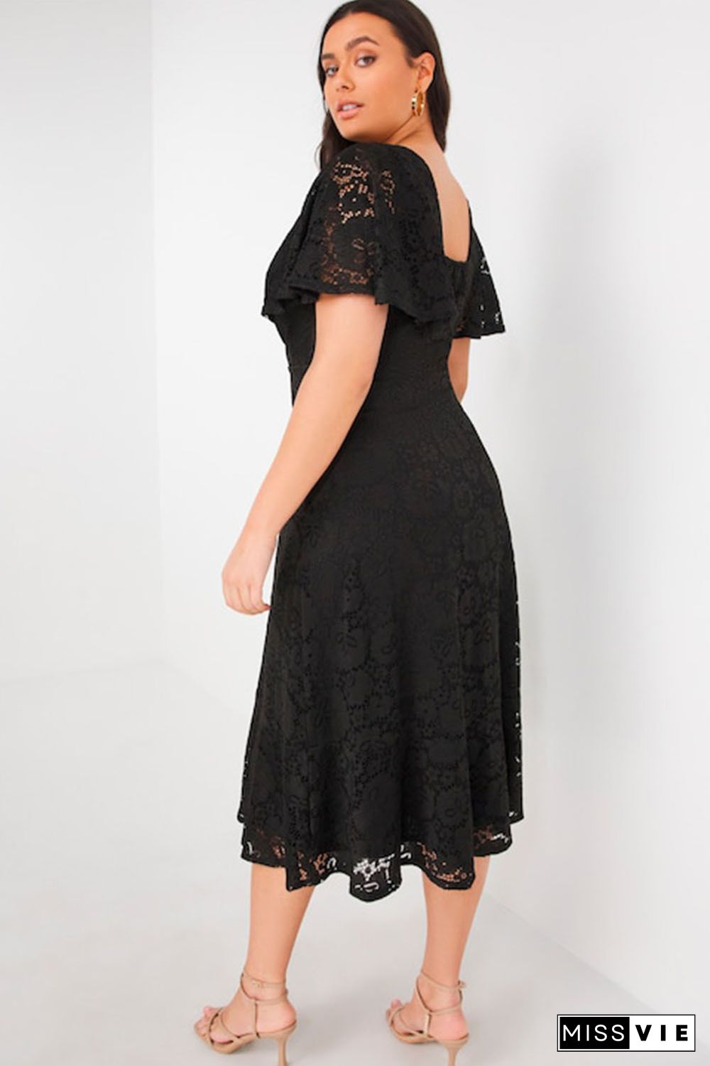 Black Plus Size Lace Flutter Sleeves Flare Midi Dress