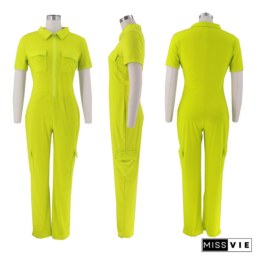 Turn Down Collar Zipper Pockets One Piece Jumpsuit