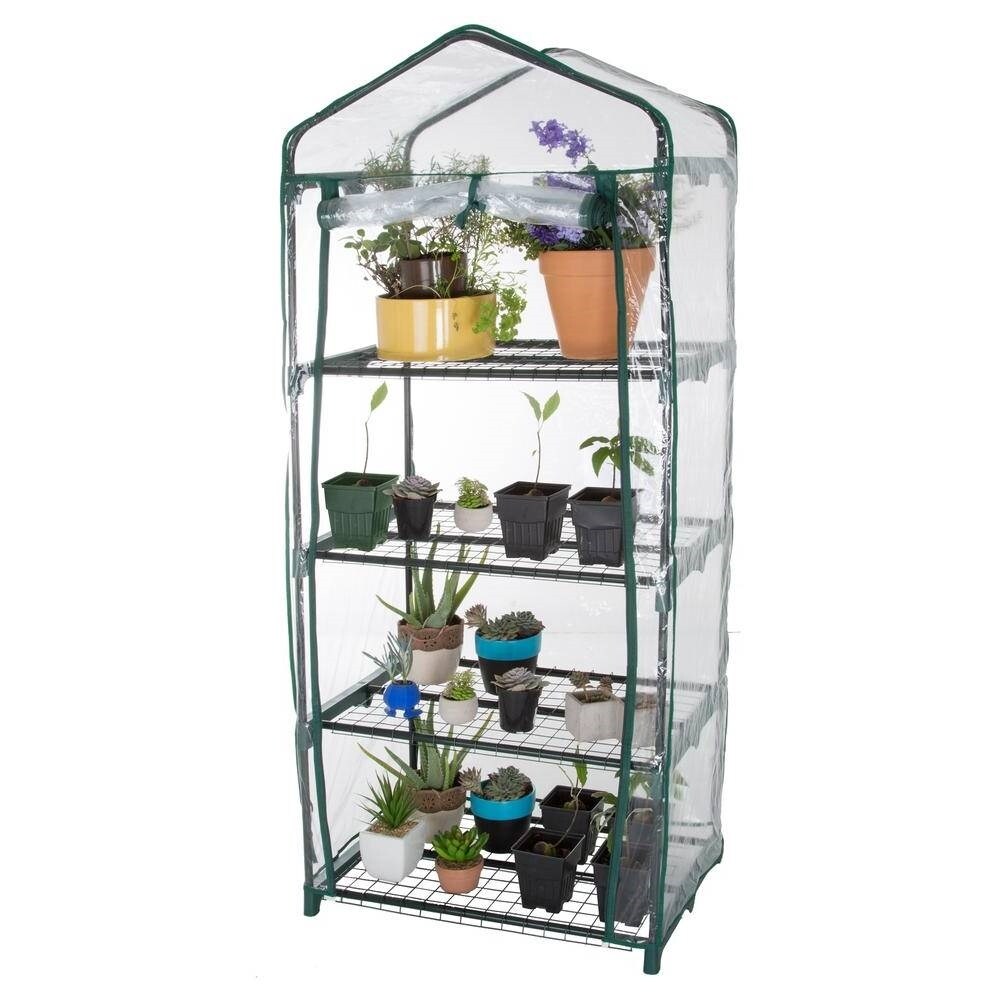 Durable 4 Tier Plant Stand Greenhouse with Zippered PVC Cover   27.5 in. x 19 in. x 63 in