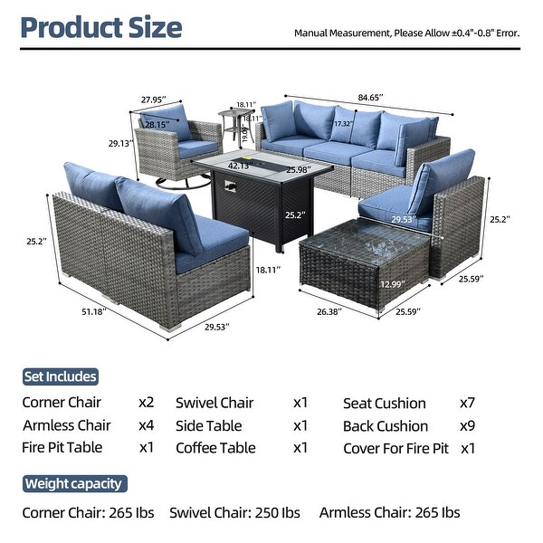 HOOOWOOO 10piece Patio Wicker Furniture Sectional Sofa Set Swivel Rocker with Fire Pit Table