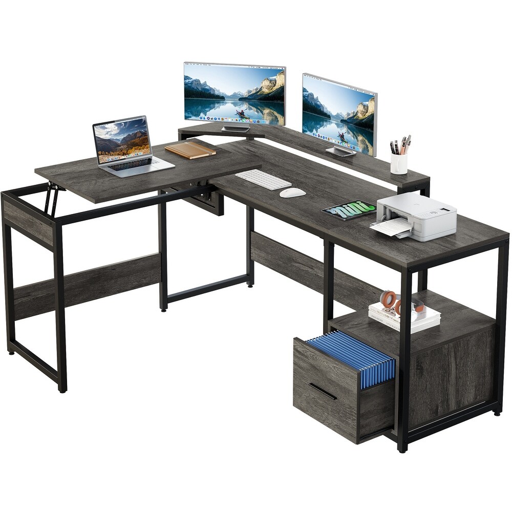 Moasis L Shaped Wood Computer Desk with File Drawer for Home Office