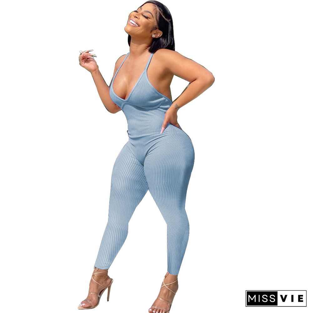 Sexy Summer Women Elegant Streetwear Solid V-Neck Halter Backless High Elastic Bodycon Fitness Jumpsuit