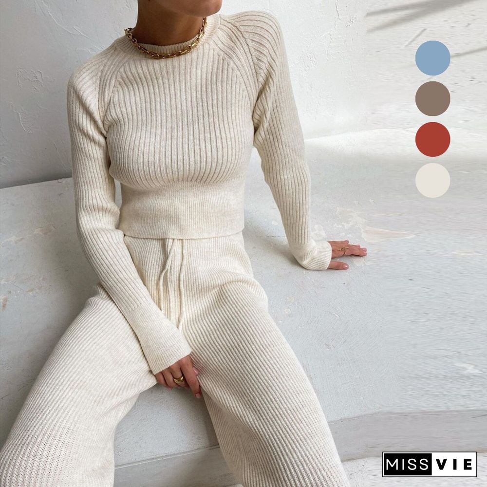 Women 2 Piece Sets Womens Outfits Women's Wide Legged Pants Long Sleeve Clear Color Warm Sweater Set Women Two Piece Set