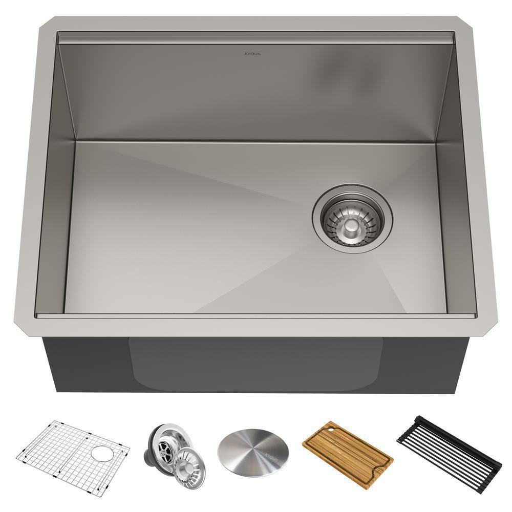 KRAUS Kore Workstation Undermount Stainless Steel 23 in. Single Bowl Kitchen Sink wIntegrated Ledge and Accessories KWU111-23