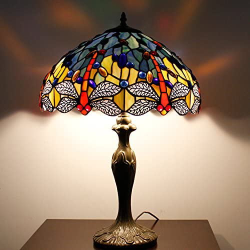 GEDUBIUBOO  Lamp Stained Glass Bedside Table Lamp Navy Blue Yellow Turquoise Dragonfly 16X16X24 Inch Desk Light Metal Base Decor Bedroom Living Room  Office S128 Series