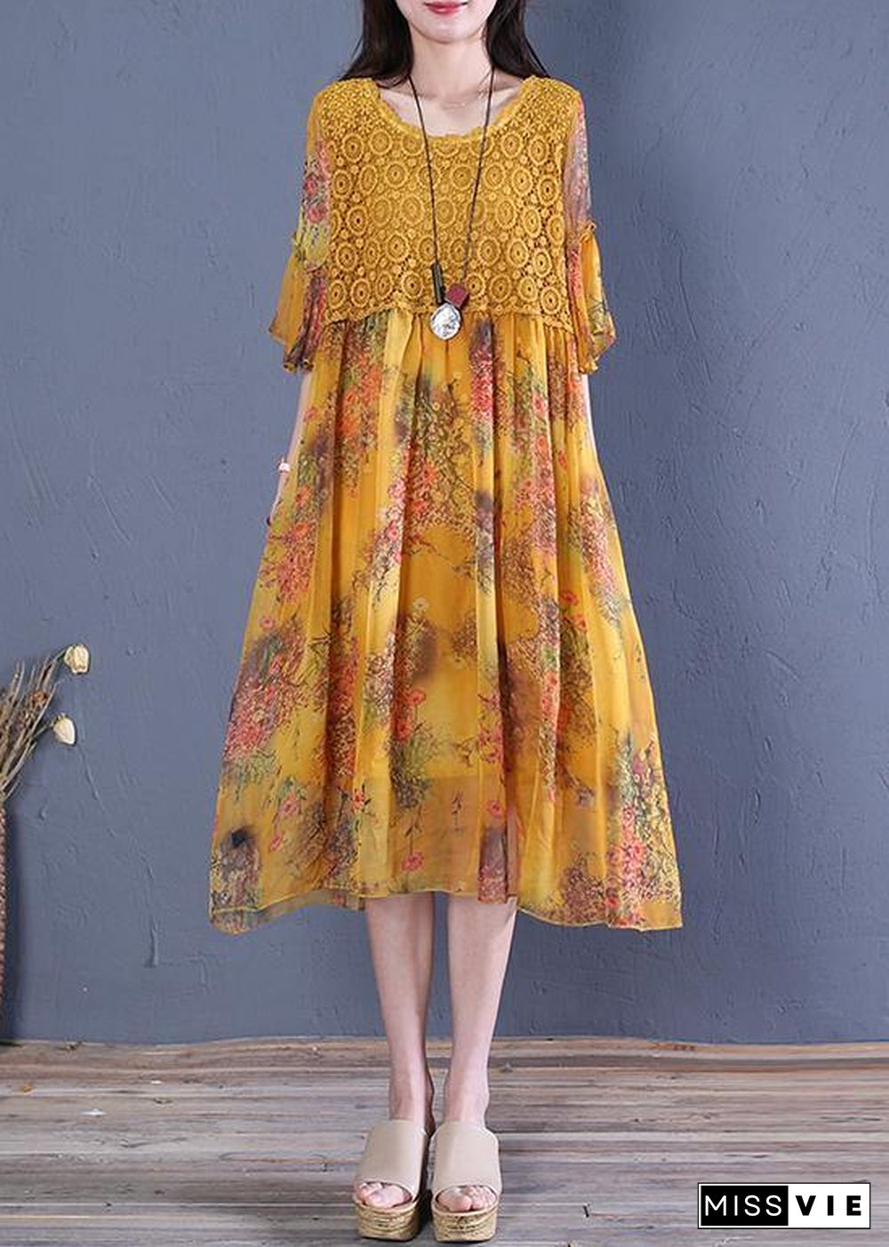 Italian o neck Butterfly Sleeve Cotton Fabrics yellow print Dress