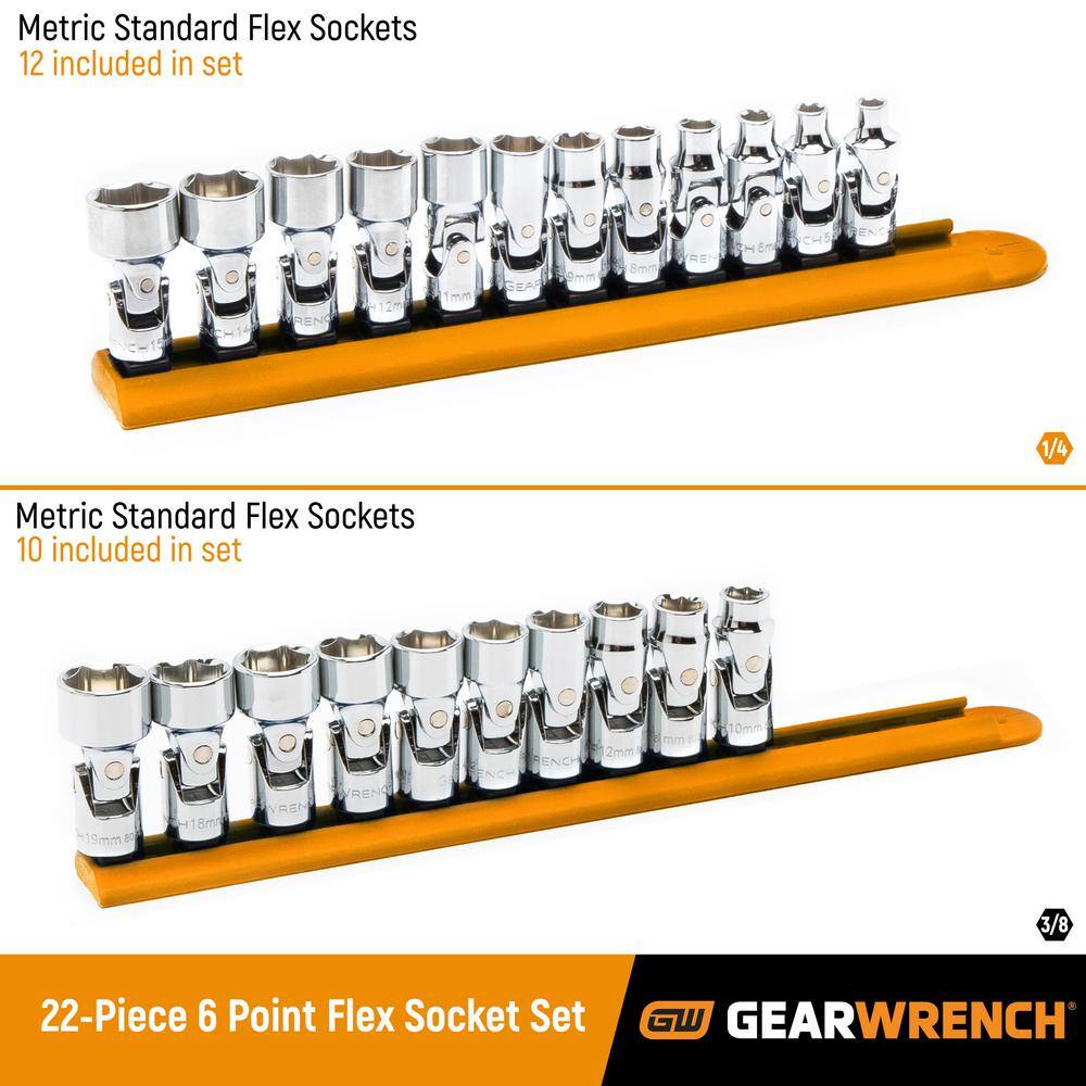 GEARWRENCH 14 in. and 38 in. Drive 6-Point Metric FlexUniversal Joint Socket Set (22-Piece) 86539