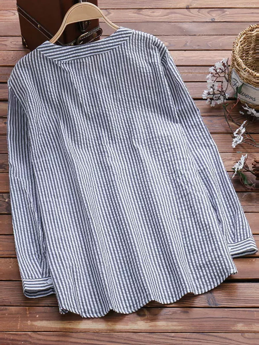 V-neck Casual Loose Striped Cat Print Long-sleeved Blouse