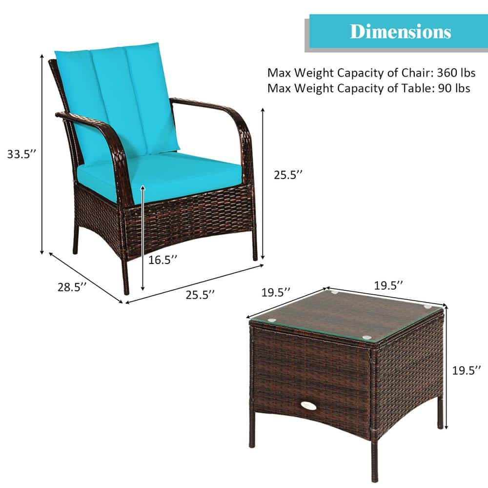 Costway Brown 3-Piece Wicker Patio Conversation Seating Set with Turquoise Cushions HW65850TU