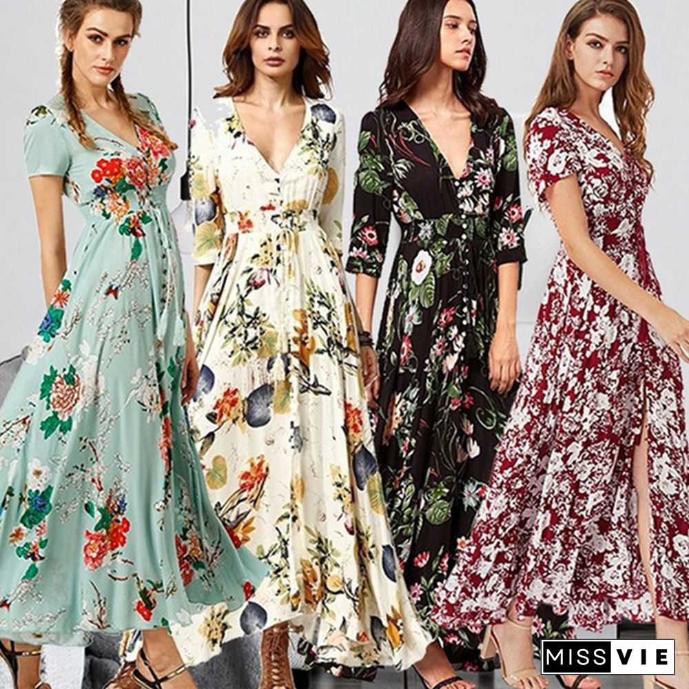 Fashion Bohemian Dress Womens V Neck Floral Print Big Swing Long Dress