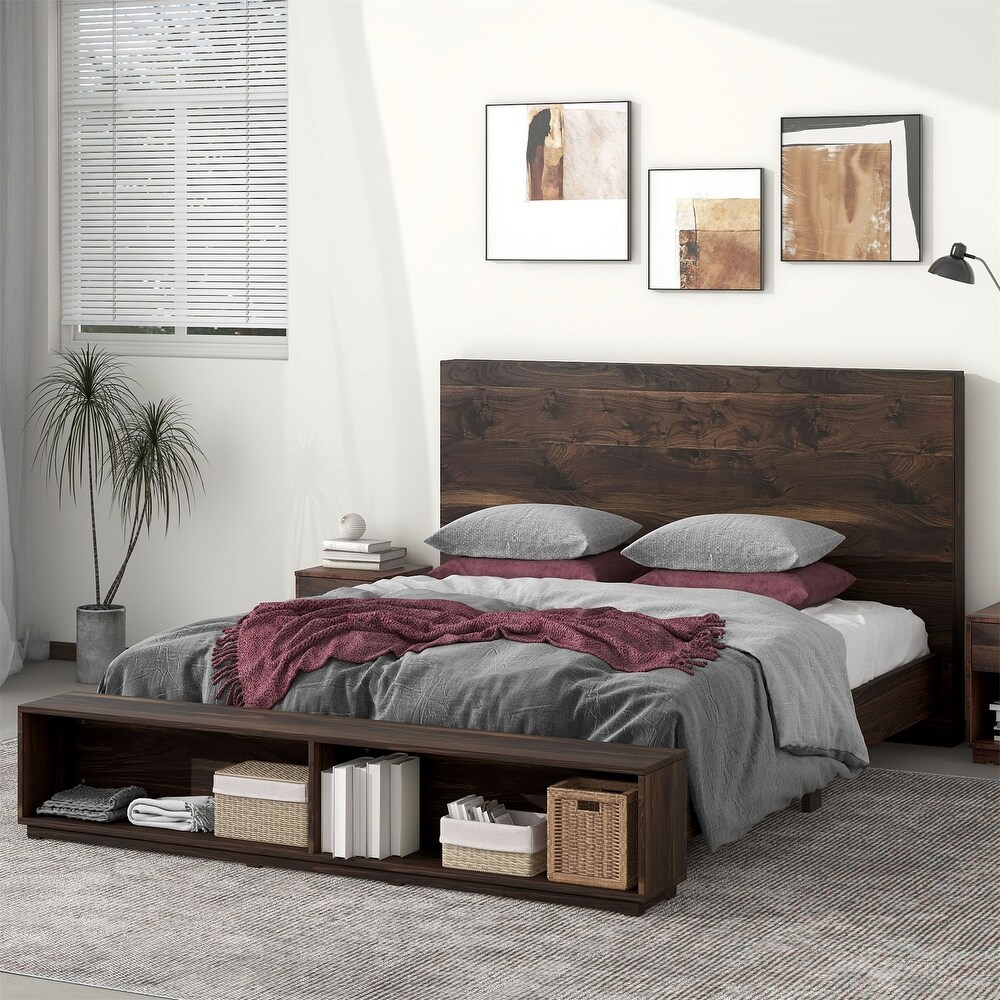 Walnut Wooden King Platform Bed with Storage Bench