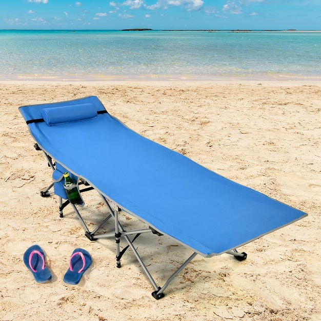 Folding Camping Cot Heavy duty Outdoor Cot Bed W Side Storage Pocket Green blue