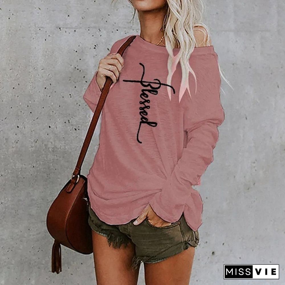 New Autumn And Winter Fashion Women Blessed Letter Printed Long Sleeve Sweatshirt Round Collar Loose Blouses Pullover Tops Jumpers