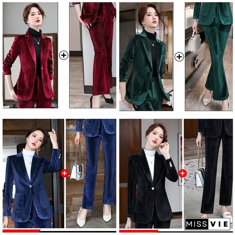 Women Flare Pants Trousers Bell-Bottoms Suit Set Velvet Blazer Jacket Striped Coat Office Outfits Business Formal