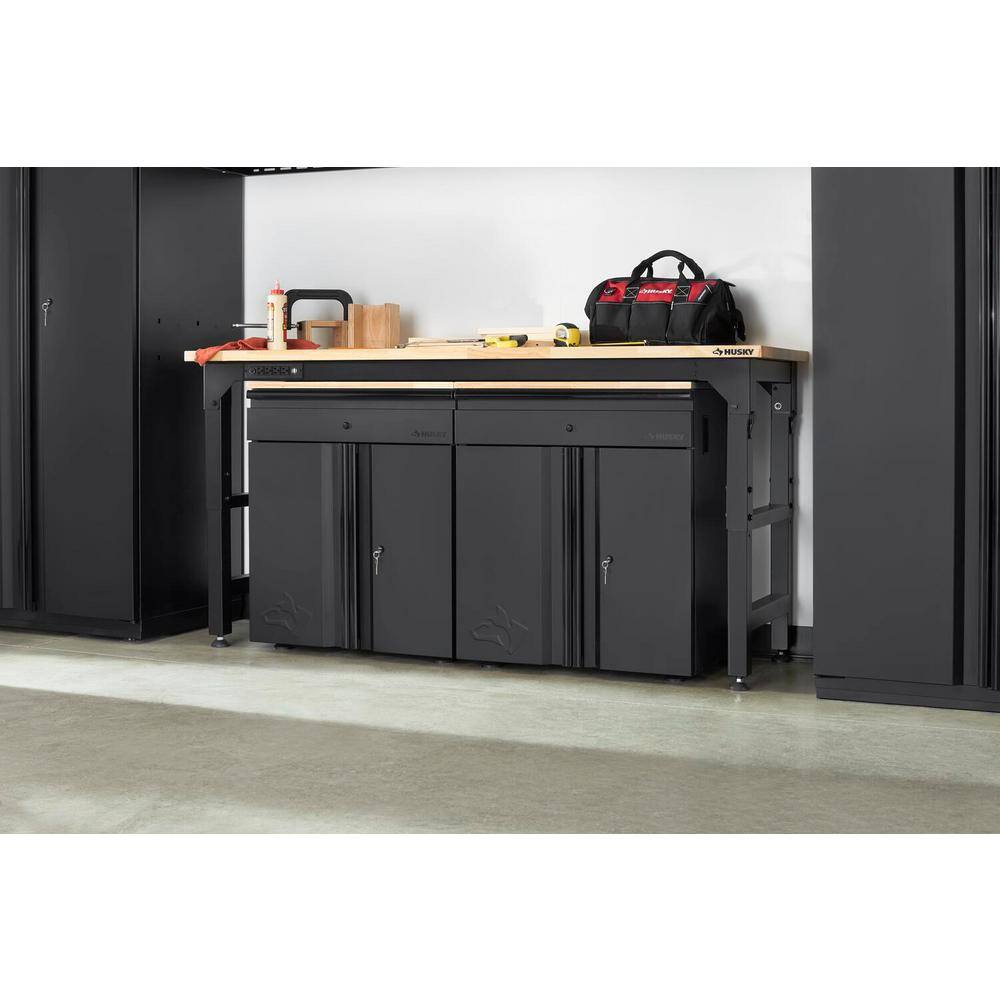 Husky 6 ft. Adjustable Height Solid Wood Top Workbench in Black for Heavy Duty Welded Steel Garage Storage System HTC1000004