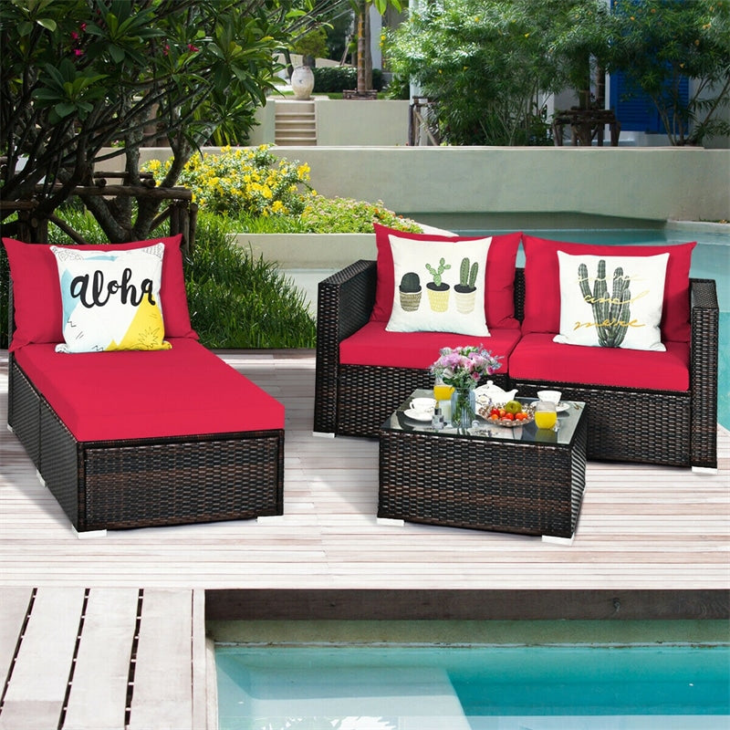 5 Pcs Rattan Wicker Outdoor Patio Sectional Furniture Set with Coffee Table & Cushions