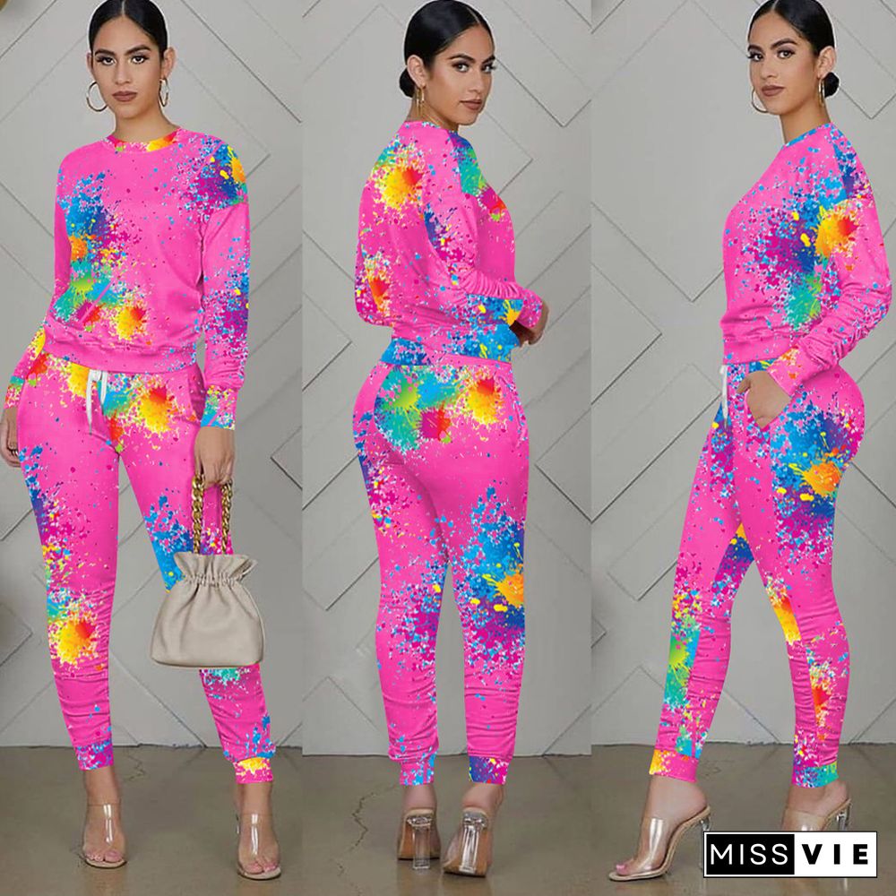 Inkjet Printed Long Sleeve Top+Joggers Pants Outfits Matching Set