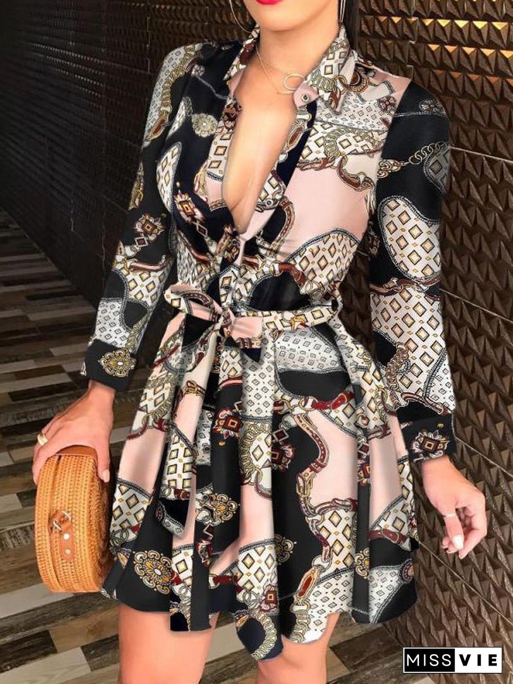 Women'S Dresses Printed Shirt Neck Tie Long Sleeve Dress