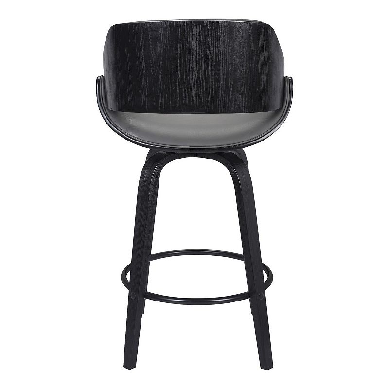 26 Inch Leatherette and Wooden Swivel Barstool， Black and Gray