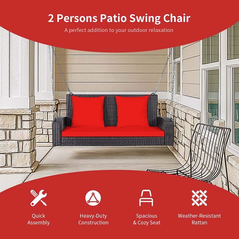 2-Person Rattan Wicker Outdoor Patio Hanging Porch Swing Bench Chair with Sturdy Steel Chain & Cushions