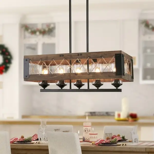 Farmhouse 32-in Linear 5-Light Wood Chandelier Rustic Island Lights