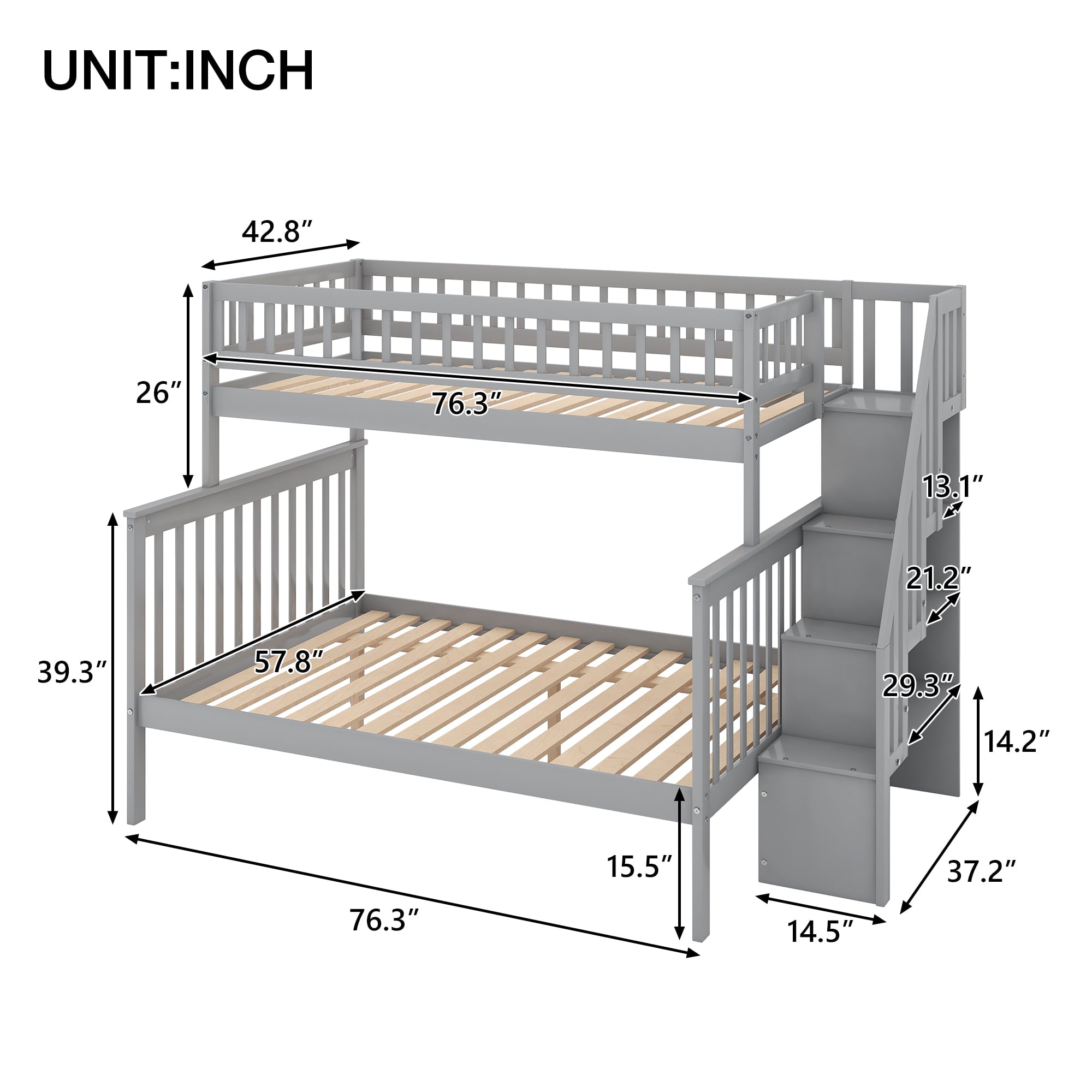 Euroco Twin Over Full Bunk Bed with Stairs and Storage for Kids, Gray