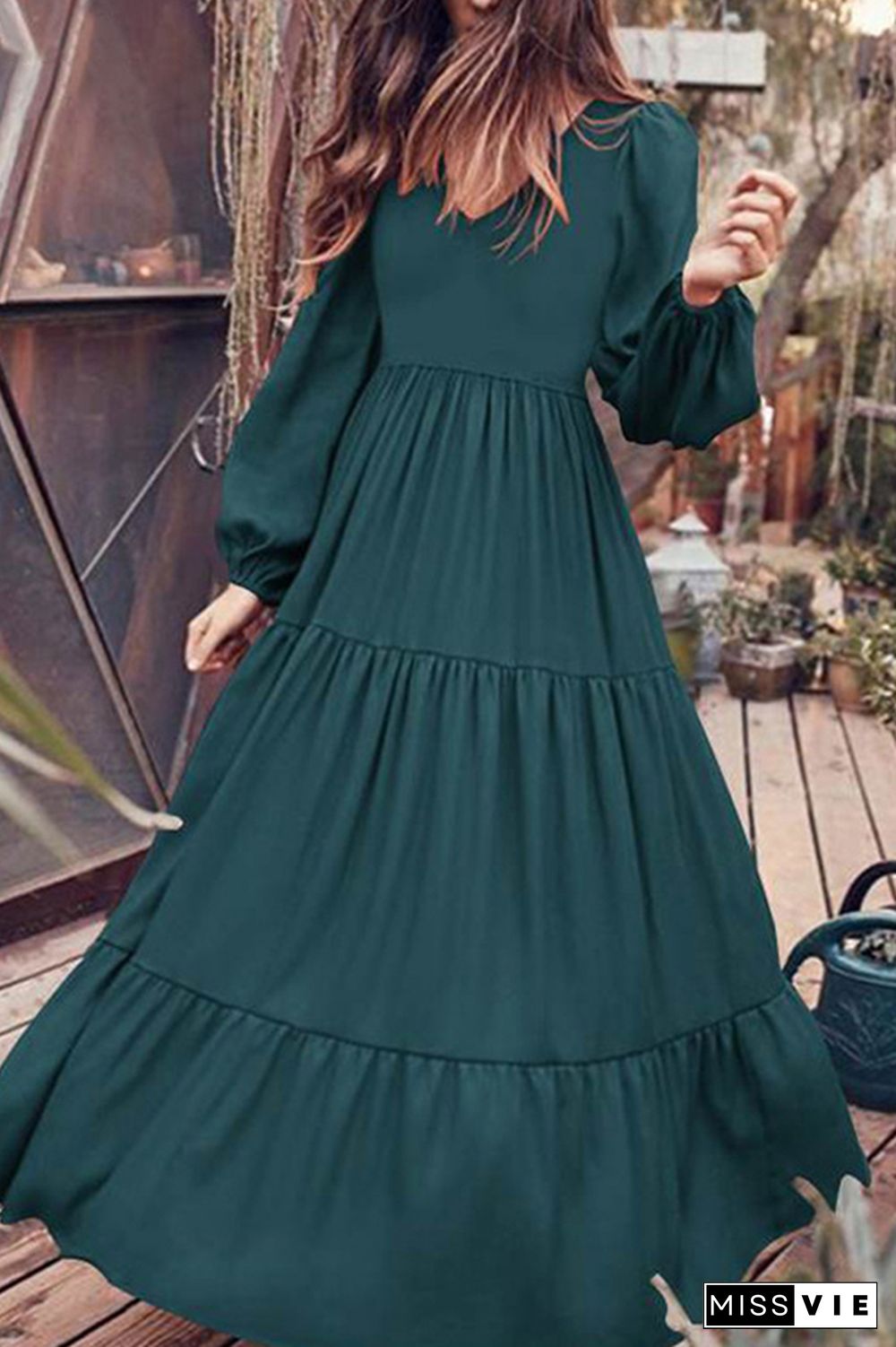 V Neck Puff Sleeves Tiered Maxi Dress