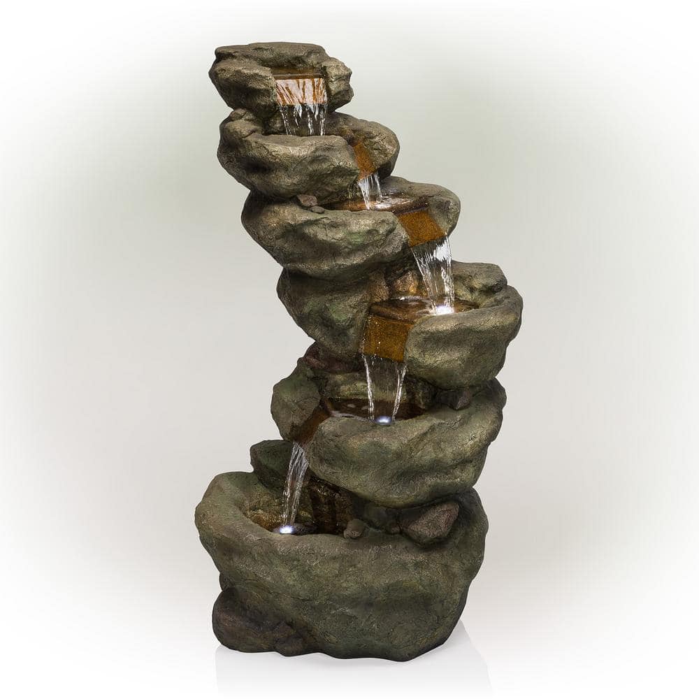 Alpine Corporation 48 in. Tall Outdoor Multi-Tier Pristine Waterfall Fountain with LED Lights TZL106