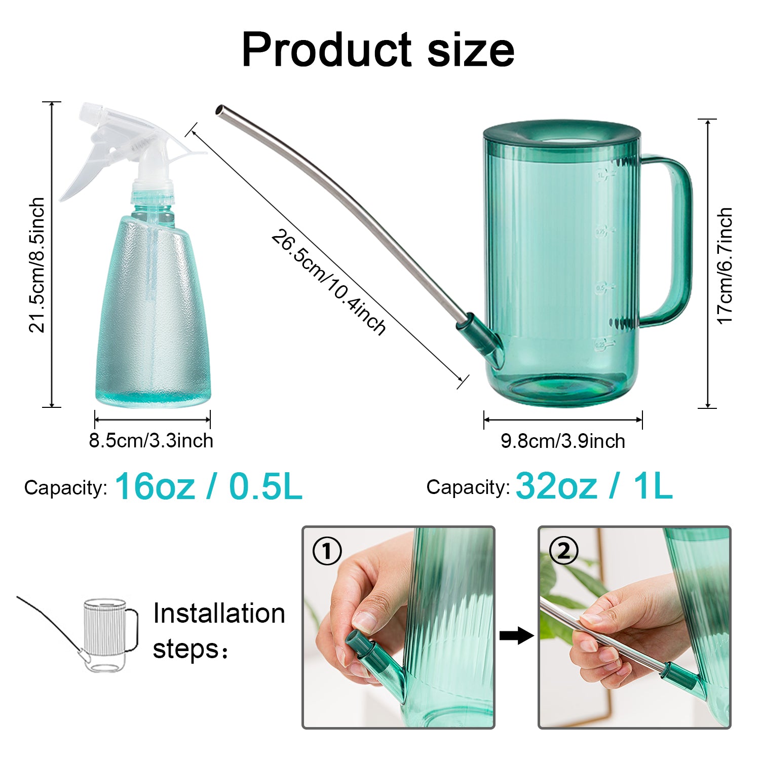 Vaupan Plant Watering Can， Stainless Steel Long Spout Watering Pot with 500ml Fine Mist Spray Bottle for Watering Indoor Outdoor Plants， Succulents and Flowers (Green)