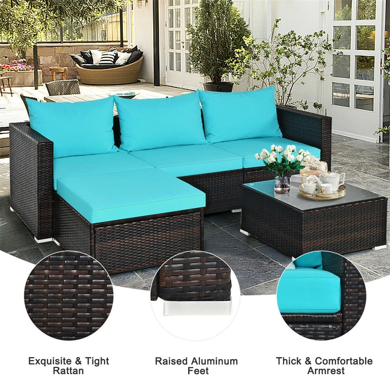 5 Pcs Rattan Wicker Outdoor Patio Sectional Furniture Set with Coffee Table & Cushions