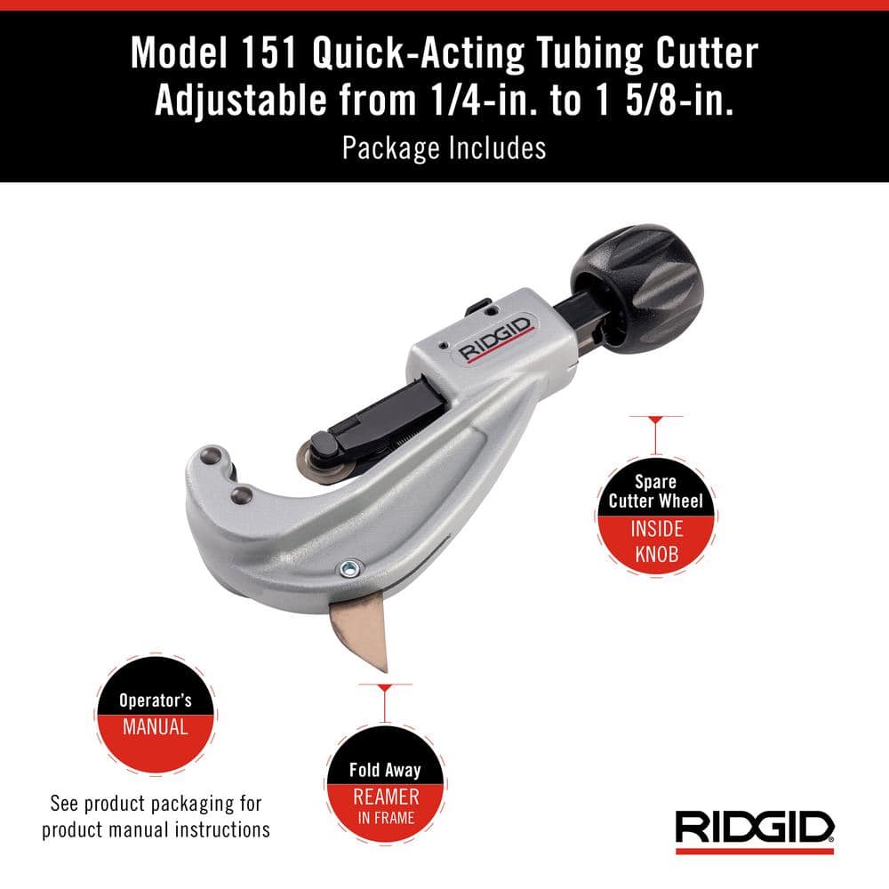 RIDGID 1/4 in. to 1-5/8 in. 151 Quick Acting Copper Pipe & Aluminum Tubing Cutter w/ Easy Change Wheel Pin + Spare Wheel 31632