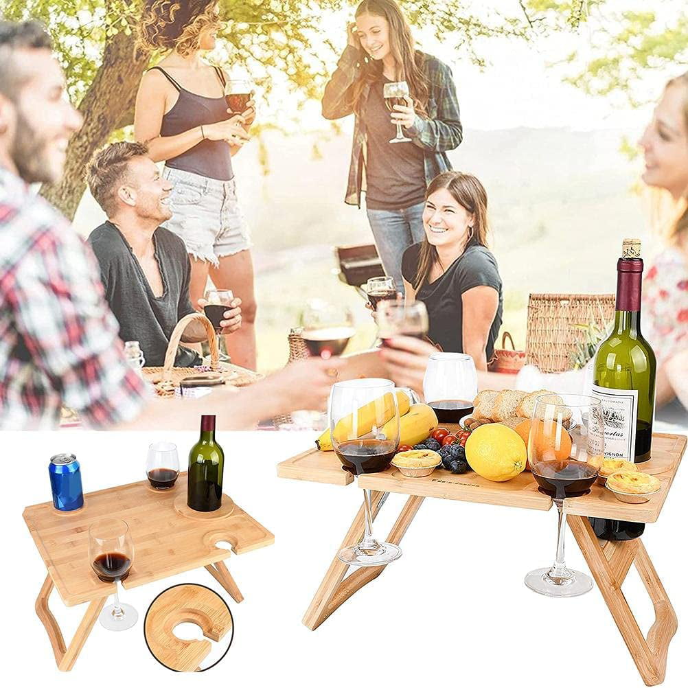 Foldable Outdoor Picnic Table Portable Bamboo Wine Picnic Table Snack Table， Date Idea Table， Wine Picnic Table with Bottle and Glass Holder， Lightweight Portable Picnic Table， Bed Breakfast Table