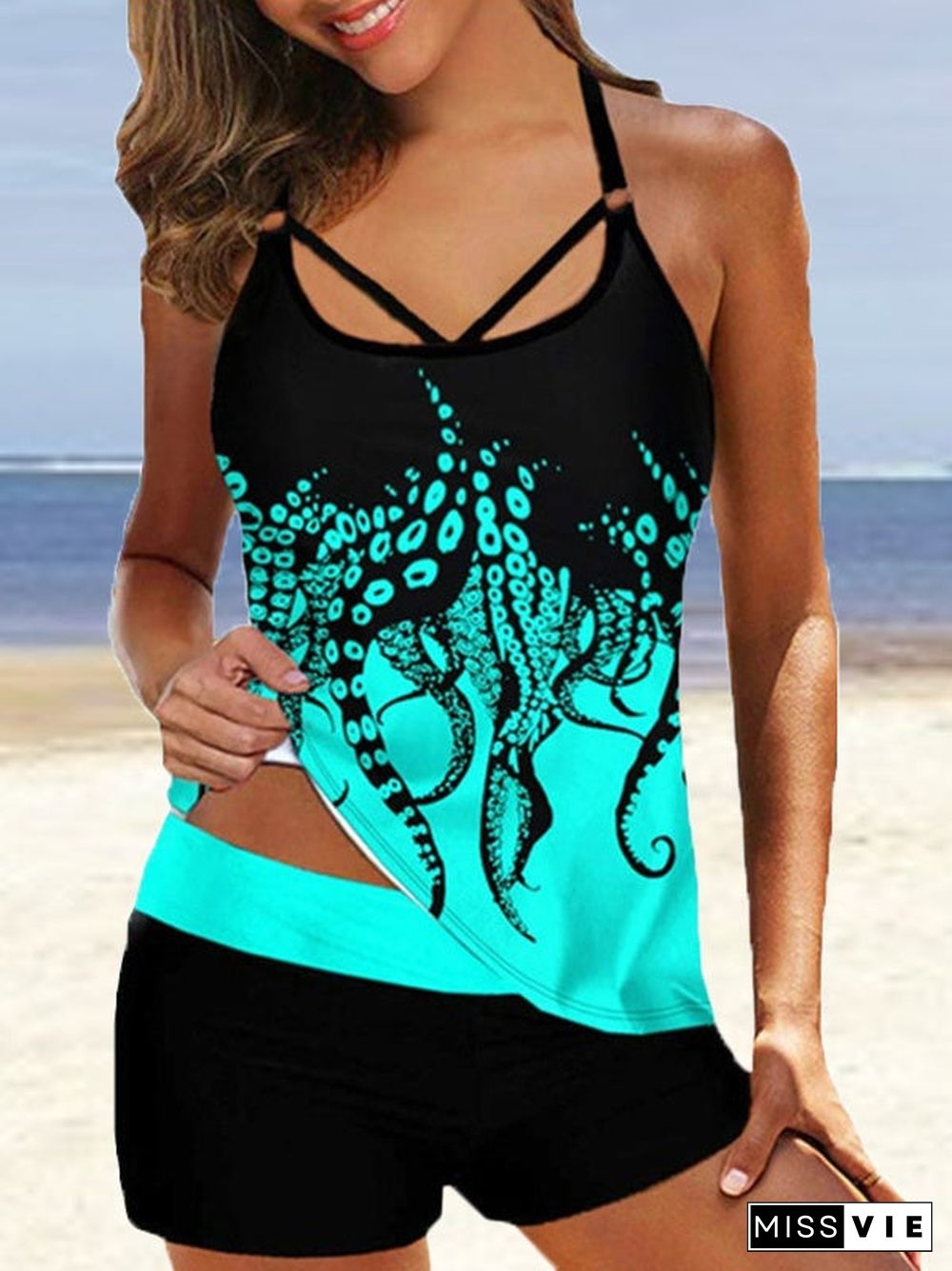 Women Sleeveless U-neck Graphic Tankini Swimwear