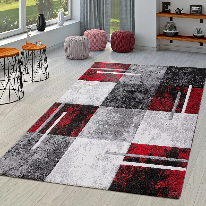 Modern Designer Area Rug Checkered with Contour Cut