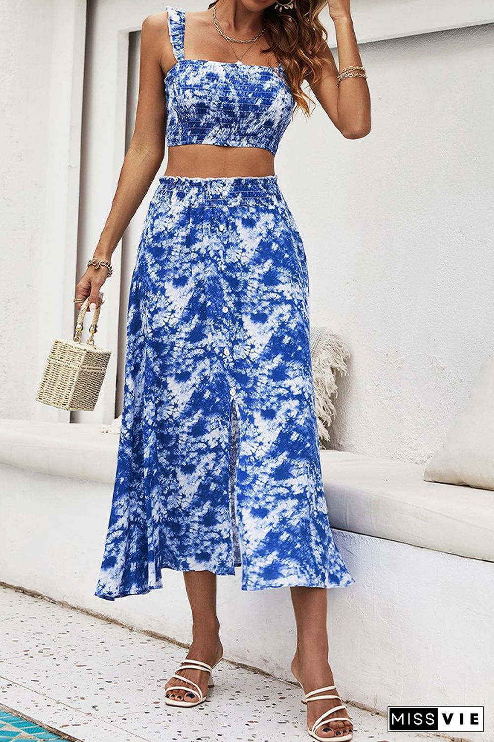 Blue Tie Dye Split Skirt and Top 2PCS Set