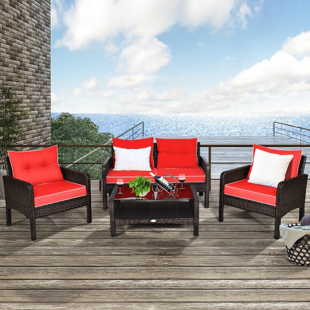 Costway 4pcs Patio Rattan Furniture Set Loveseat Sofa Coffee Table Garden W red Cushion